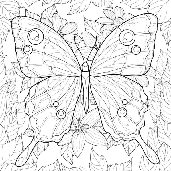 Mariposa Sobre Fondo Flores Hojas Colorear Antiestrés Para Niños Adultos — Vector de stock