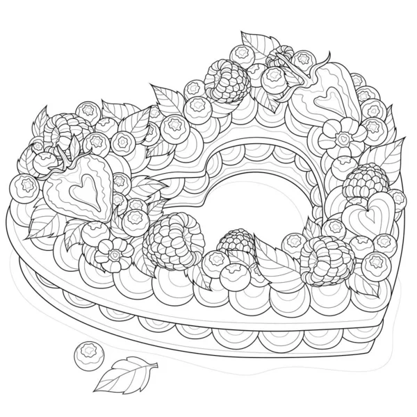 Пирог Форме Сердца Клубникой Малиной Черникой Мятой Сливками Вкусные Сладости — стоковый вектор