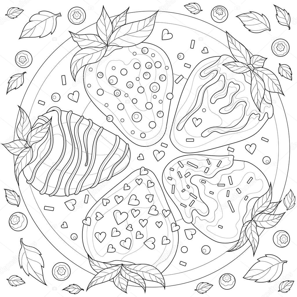 Chocolate covered strawberries. Sweets. Coloring book antistress for children and adults. Illustration isolated on white background. Zen tangle style.