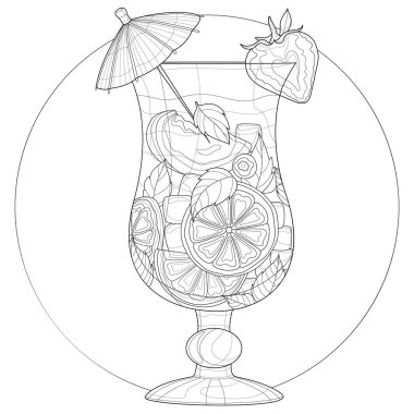 Limonata, şeftali ve çilekli. Şemsiyeli kokteyl. Şekerler. Çocuklar ve yetişkinler için boyama kitabı antistresi. Siyah beyaz çizim.