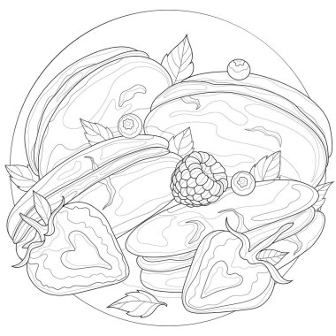 Çilekli kurabiyeler, ahududu, yaban mersini ve nane şekeri. Çocuklar ve yetişkinler için boyama kitabı antistresi. Resimler beyaz arkaplanda izole edildi. Zen-tangle tarzı.