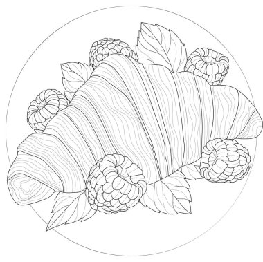 Ahududu ve nane aromalı lezzetli kruvasan. Çocuklar ve yetişkinler için boyama kitabı antistresi. Zen karışıklığı tarzı. Siyah beyaz çizim.