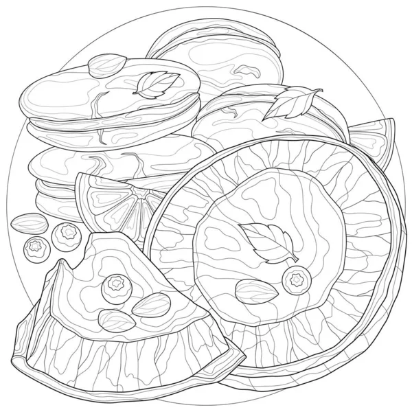 Koekjes Met Kokosnoot Amandelen Bosbessen Sinaasappel Lekkere Zoetigheden Kleurboek Antistress — Stockvector