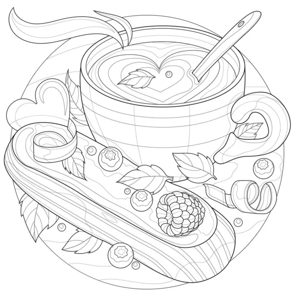 Kremalı bir fincan kahve. Lezzetli. Çocuklar ve yetişkinler için boyama kitabı. Zen karışıklığı tarzı. Siyah beyaz çizim.