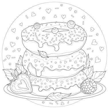Çilekli çörek, ahududu, yabanmersini, nane ve pudra. Tatlı. Çocuklar ve yetişkinler için boyama kitabı antistresi. Resimler beyaz arkaplanda izole edildi. Zen-tangle tarzı.