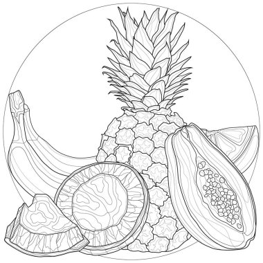 Egzotik meyveler. Ananas, hindistan cevizi, papaya. Çocuklar ve yetişkinler için boyama kitabı antistresi. Zen karışıklığı biçimi.