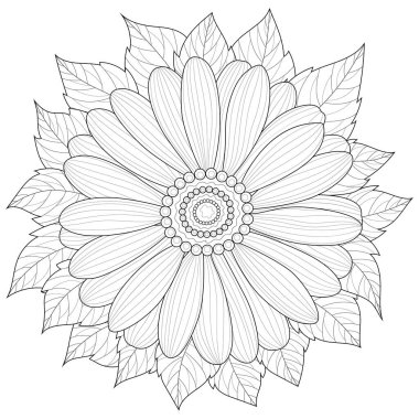 Yapraklı çiçek. Çocuklar ve yetişkinler için boyama kitabı antistresi. Resimler beyaz arka planda izole edildi. Siyah-beyaz çizim. Zen-karmaşa tarzı..