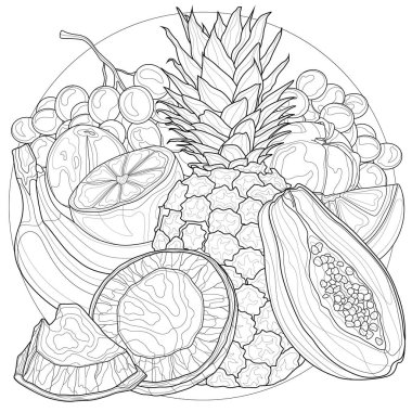 Egzotik meyveler. Hindistan cevizi, ananas, muz, papaya, şeftali, portakal, üzüm. Lezzetli tatlılar. Çocuklar ve yetişkinler için boyama kitabı. Zen-karmaşıklık biçimi.