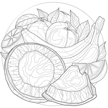 Meyve. Hindistan cevizi, muz, şeftali, portakal ve limon. Lezzetli tatlılar. Çocuklar ve yetişkinler için boyama kitabı. Zen-karmaşıklık biçimi.