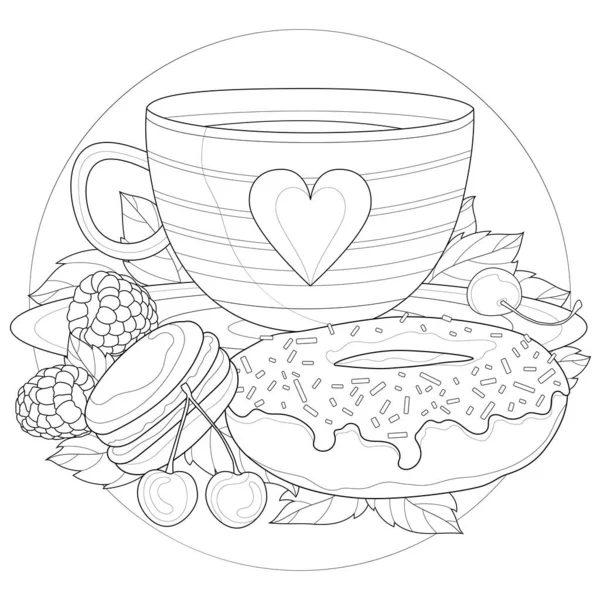 Taza Con Donut Macarrón Frambuesas Menta Cereza Libro Para Colorear — Vector de stock