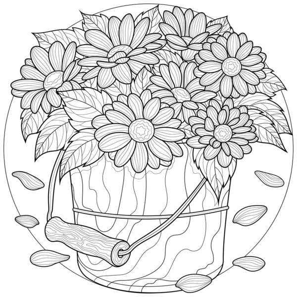 Daisies Bucket Flowers Coloring Book Antistress Children Adults Illustration Isolated — Stock Vector