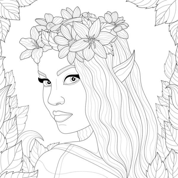 Chica Elfa Con Una Corona Floral Cabeza Hojas Alrededor Libro — Vector de stock