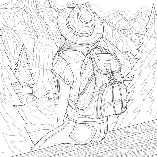 Kız güzel bir manzaraya bakıyor. Dağlar, şelale ve nehir. Çocuklar ve yetişkinler için stres önleyici boyama kitabı. Resimler beyaz arkaplanda izole edildi. Zen karışıklığı biçimi.