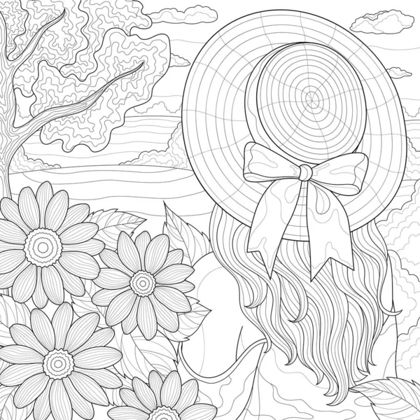 모자를 여자는 들판을 봅니다 Flowers Nature Coloring Book Antistress Children — 스톡 벡터