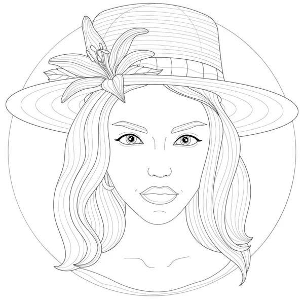 Chica Sombrero Con Una Flor Libro Para Colorear Antiestrés Para — Vector de stock