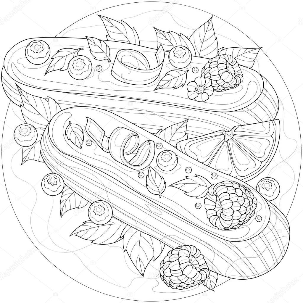 Eclairs with raspberries, blueberries, mint and orange.Tasty sweets.Coloring book antistress for children and adults. Zen-tangle style.Black and white drawing