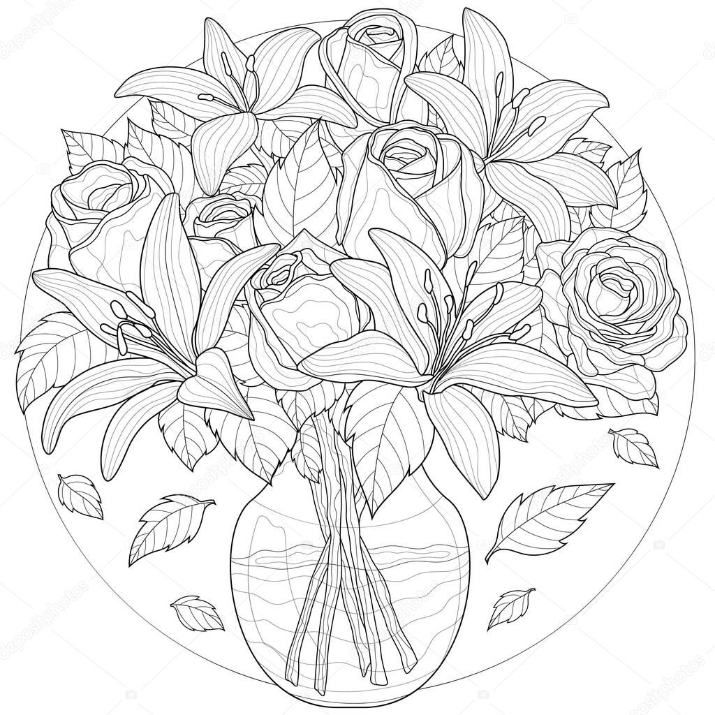 Flowers in a vase. Lilies and roses.Coloring book antistress for children and adults. Zen-tangle style.Black and white drawing
