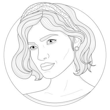 Saç bandı olan ve güzel saç stili olan bir kız gözlerden uzak görünüyor. Çocuklar ve yetişkinler için boyama kitabı antistresi. Resimler beyaz arka planda izole edildi. Zen-tangle tarzı. Siyah-beyaz çizim..