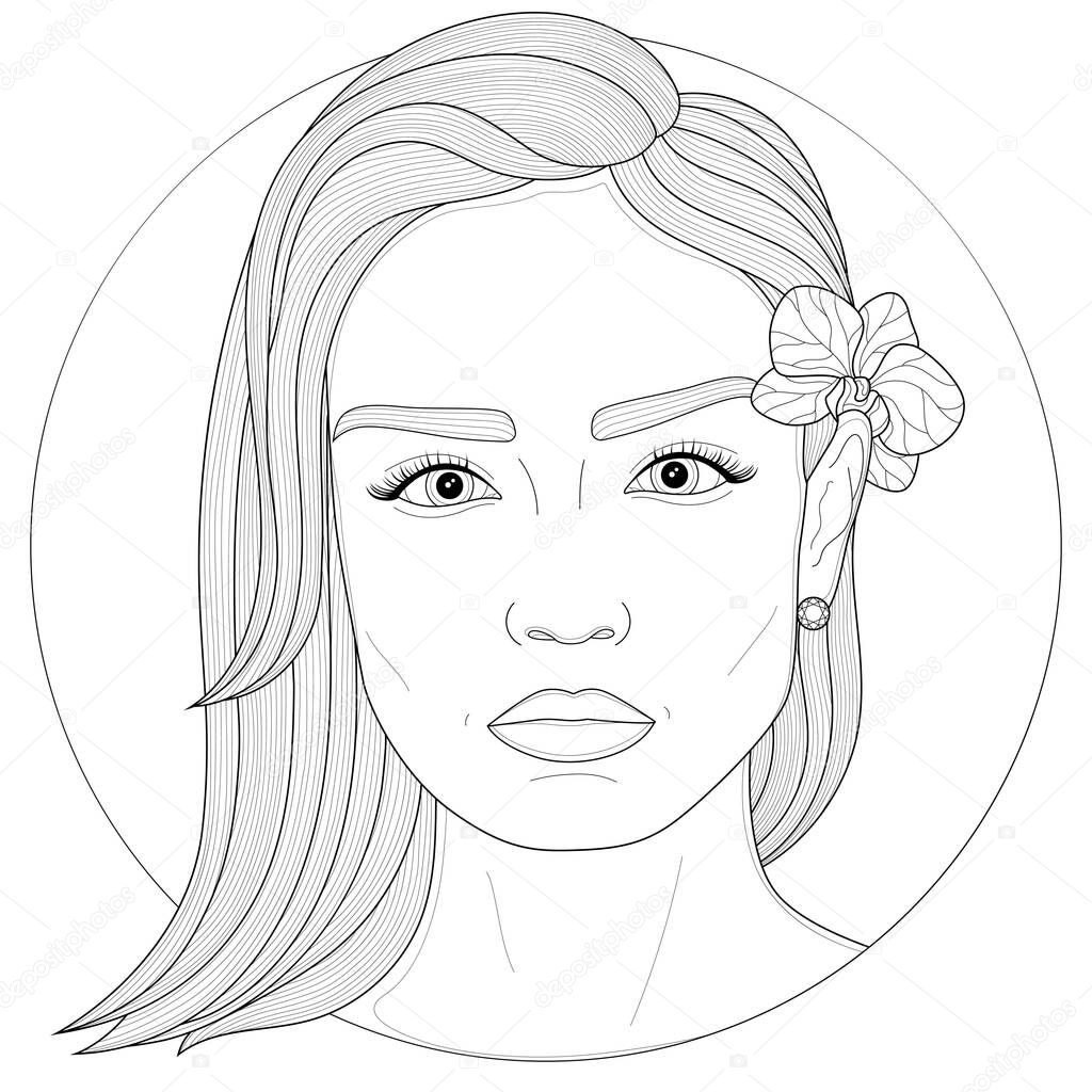 Girl with an orchid behind her ear.Coloring book antistress for children and adults. Illustration isolated on white background.Zen-tangle and doodle style. Black and white drawing