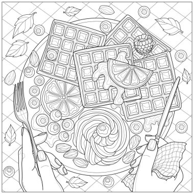 Krema, böğürtlen, portakal, badem ve naneli Viyana waffle 'ı. Lezzetli tatlılar. Çocuklar ve yetişkinler için boyama kitabı. Zen-karmaşıklık biçimi.