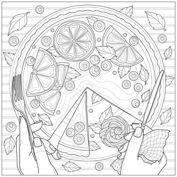 Tart Com Laranja Limão Mirtilos Hortelã Deliciosa Sobremesa Livro Colorir — Vetor de Stock