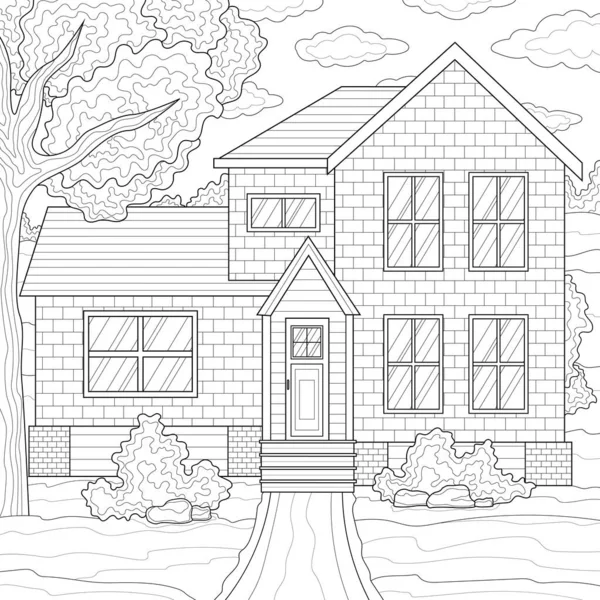 附近有棵树的美国房子 给儿童和成年人的书涂上颜色以缓解压力 在白色背景上孤立的说明 纲要风格 — 图库矢量图片