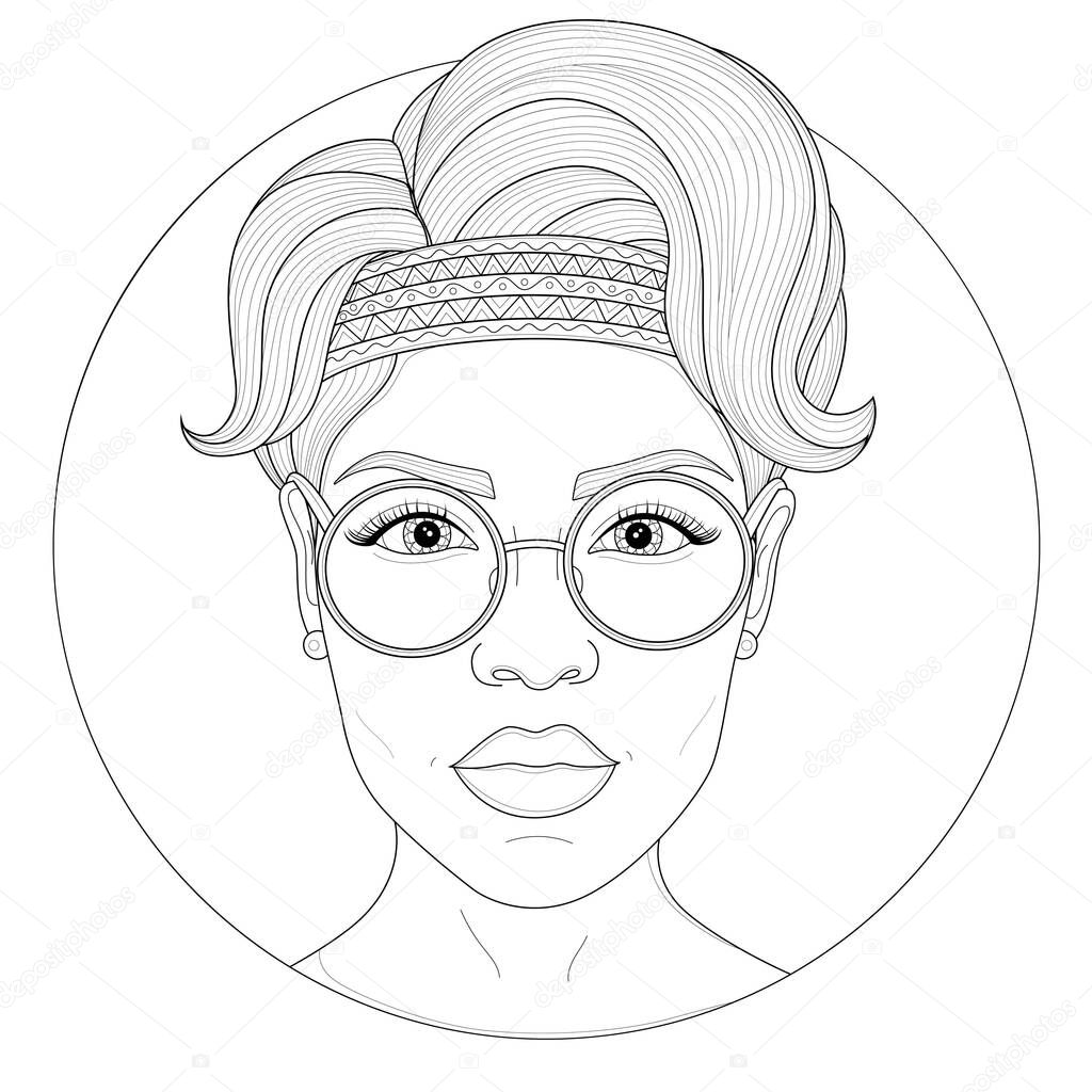 Hippie girl with glasses.Coloring book antistress for children and adults. Illustration isolated on white background.Zen-tangle style.Black and white drawing.