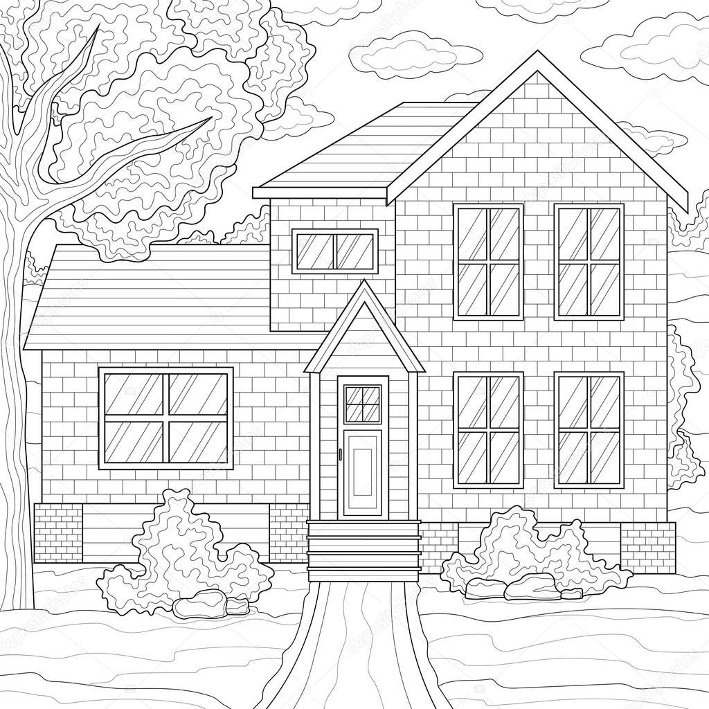 American house with a tree nearby.Coloring book antistress for children and adults. Illustration isolated on white background. Outline style.