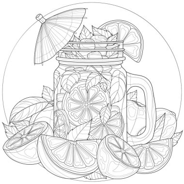 Portakallı limonata, limon ve nane. Çocuklar ve yetişkinler için boyama kitabı antistresi. Resimler beyaz arkaplanda izole edildi. Zen-tangle tarzı.