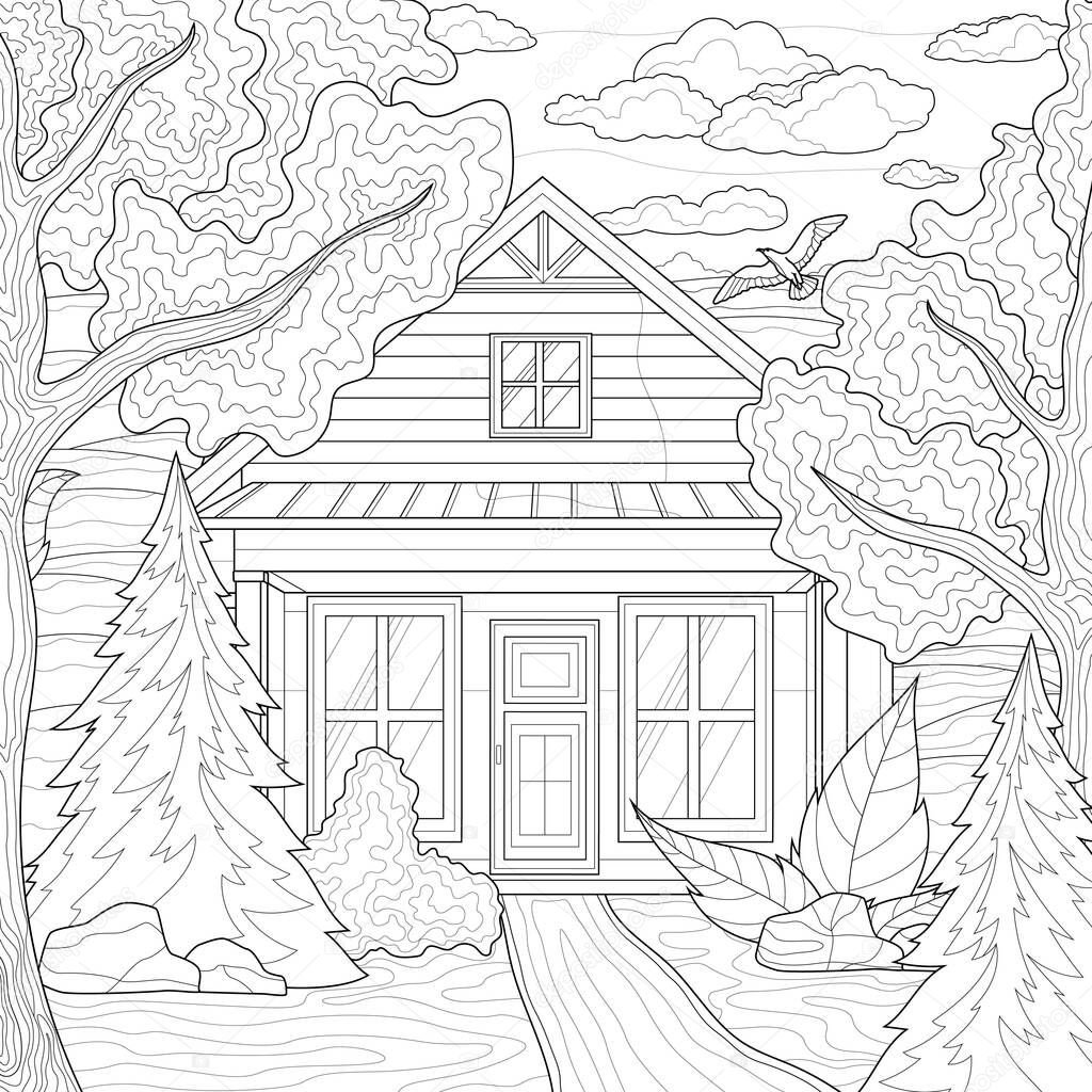 House among the trees. Nature.Coloring book antistress for children and adults. Illustration isolated on white background.Zen-tangle style.Black and white drawing.