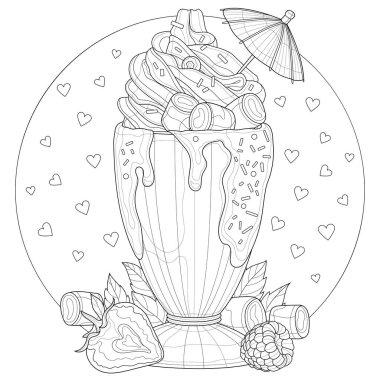 Kremalı milkshake, marşmelov, çilek, ahududu ve naneli. Çocuklar ve yetişkinler için stres önleyici boyama kitabı. Resimler beyaz arkaplanda izole edildi. Siyah beyaz çizim. Zen Karışıklığı