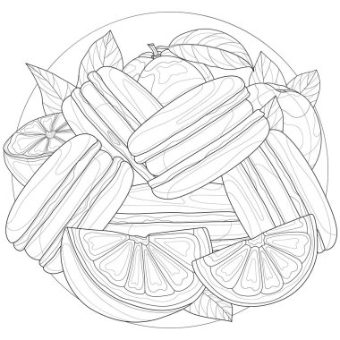 Portakallı ve limonlu kurabiye. Tatlılar. Çocuklar ve yetişkinler için boyama kitabı. Resimler beyaz arkaplanda izole edildi. Zen-tangle tarzı.