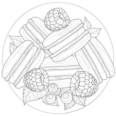 Ahududulu makarna, yaban mersini ve nane şekeri. Çocuklar ve yetişkinler için boyama kitabı. Resimler beyaz arkaplanda izole edildi. Zen-tangle tarzı.