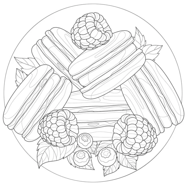 Ahududulu makarna, yaban mersini ve nane şekeri. Çocuklar ve yetişkinler için boyama kitabı. Resimler beyaz arkaplanda izole edildi. Zen-tangle tarzı.