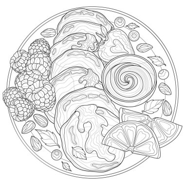 Çikolatalı krep, çilek, ahududu, badem, nane, portakal ve yaban mersinli. Çocuklar ve yetişkinler için boyama kitabı. Zen karışıklığı tarzı. Siyah beyaz çizim.