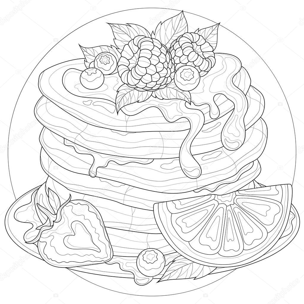 Pancakes with raspberries, strawberries,blueberries, orange and mint.Sweets.Coloring book antistress for children and adults. Illustration isolated on white background.Zen-tangle style.