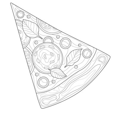 Bir dilim pizza. Yemek. Çocuklar ve yetişkinler için boyama kitabı antistresi. Zen-karmaşası tarzı. Siyah beyaz çizim