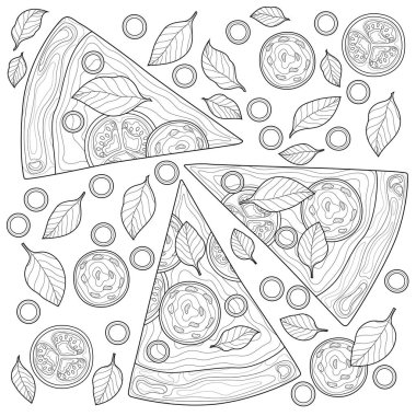 Pizza üç dilim. Yemek. Çocuklar ve yetişkinler için boyama kitabı antistresi. Zen-karmaşası tarzı. Siyah beyaz çizim