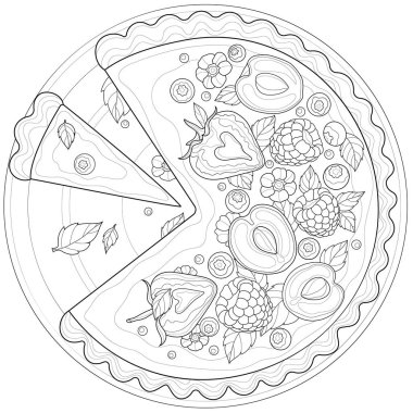 Çilekli lezzetli tart, ahududu, nane, yabanmersini ve kayısı. Lezzetli tatlılar. Çocuklar ve yetişkinler için boyama kitabı antistresi. Zen karışıklığı tarzı. Siyah beyaz çizim.