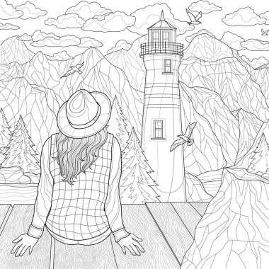 Manzara. Köprüde oturan ve deniz fenerine bakan kızlar. Çocuklar ve yetişkinler için boyama kitabı antistresi. Zen karışıklığı tarzı. Siyah beyaz çizim.