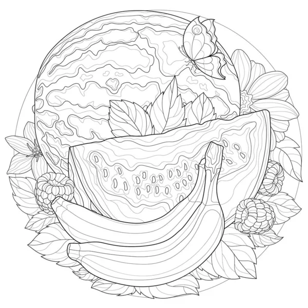 Muzlu karpuz, ahududu, nane, çiçekler ve bir kelebek. Meyve. Çocuklar ve yetişkinler için boyama kitabı. Resimler beyaz arkaplanda izole edildi. Zen-tangle tarzı.