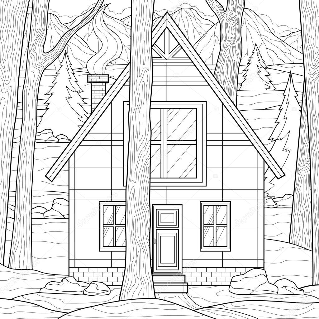 House among the trees. Mountains on the background.Coloring book antistress for children and adults. Illustration isolated on white background.Zen-tangle style.