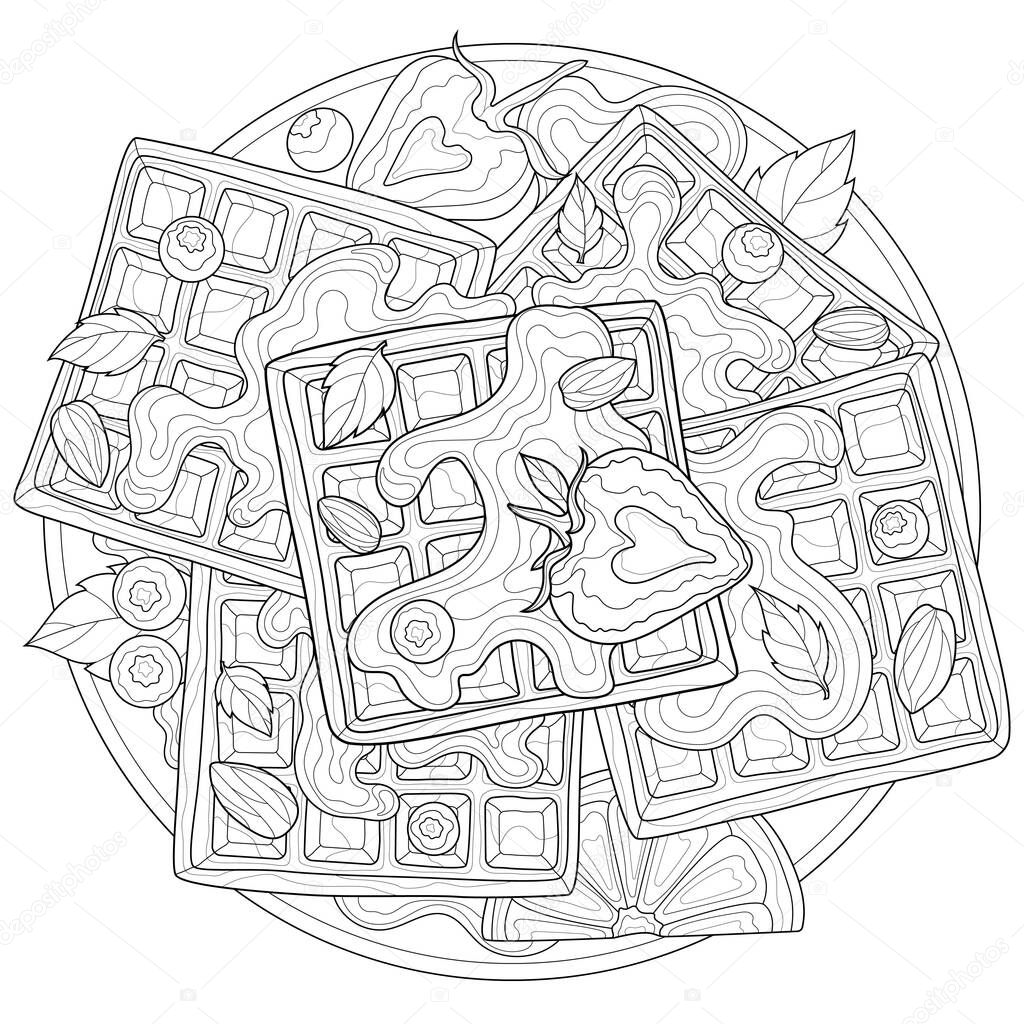 Viennese waffles with berries, almonds and mint.Tasty sweets.Coloring book antistress for children and adults. Zen-tangle style.Black and white drawing