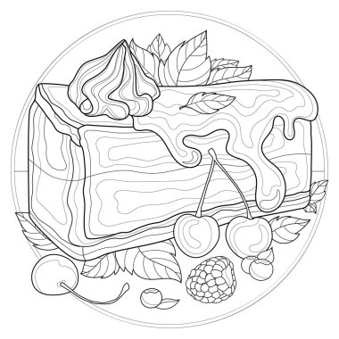  Reçelli, kirazlı, böğürtlenli, böğürtlenli ve nane şekerli nefis cheesecake. Çocuklar ve yetişkinler için boyama kitabı. Zen karışıklığı tarzı. Siyah beyaz çizim.