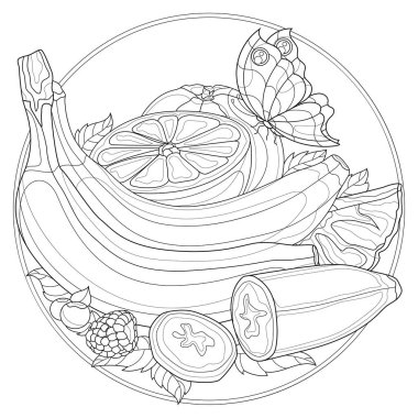 Kelebekli meyve. Muz, portakal, ahududu, ananas, yaban mersini ve nane. Çocuklar ve yetişkinler için boyama kitabı antistresi. Resimler beyaz arkaplanda izole edildi. Zen-tangle tarzı.