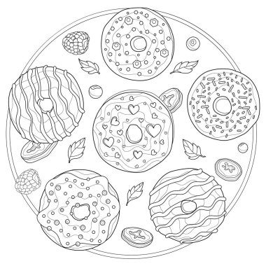 Çikolata, ahududu, nane, muz ve yaban mersinli lezzetli çörekler. Çocuklar ve yetişkinler için boyama kitabı antistresi. Resimler beyaz arkaplanda izole edildi. Zen-tangle tarzı.