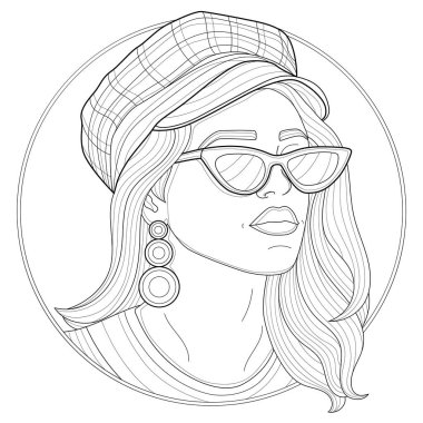 Şapkalı, gözlüklü ve küpeli güzel bir kız. Çocuklar ve yetişkinler için boyama kitabı antistresi. Resimler beyaz arka planda izole edildi. Zen-karmaşası ve karalama tarzı. Siyah beyaz çizim
