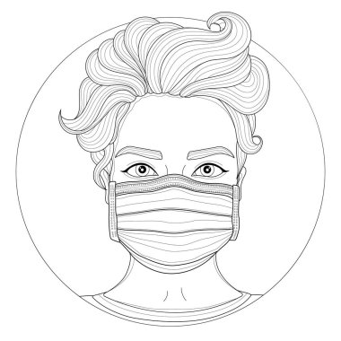 Tıbbi maskeli bir kız. Salgın, grip, virüs önleme. Çocuklar ve yetişkinler için boyama kitabı antistresi. Zen-karmaşası, dış görünüş ve karalama tarzı.