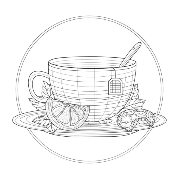 有茶托和勺子的杯子 柠檬茶 薄荷茶和烹调茶 为儿童和成年人涂上抗压药 在白色背景上孤立的示例 Zen Tangle样式 黑白画 — 图库矢量图片