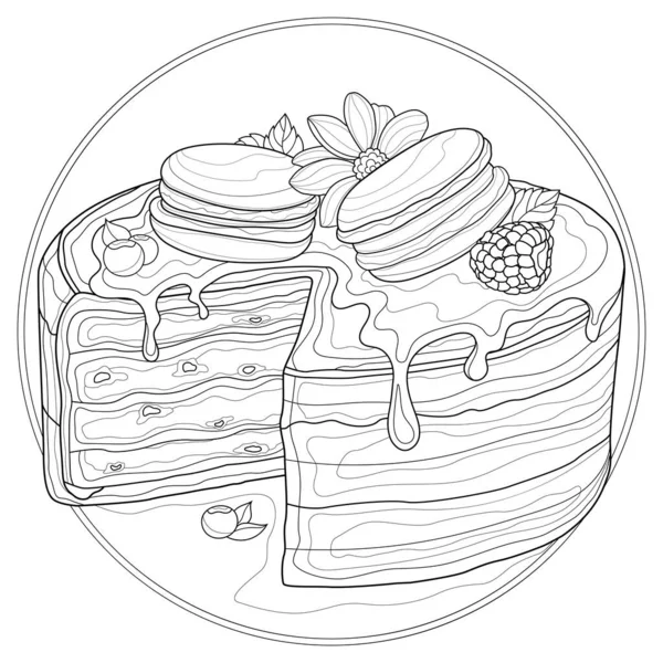 Gâteau Savoureux Avec Macarons Framboises Bleuets Menthe Chocolat Livre Colorier — Image vectorielle